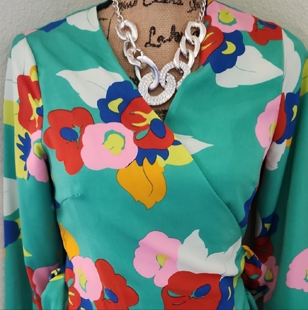Julie Brown Floral Wrap Dress with Bold Colors